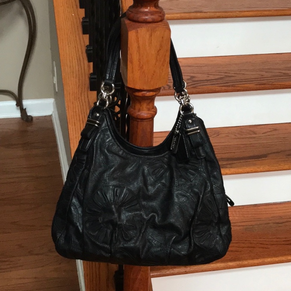Coach Black Leather Shoulder Bag with Floral Detail